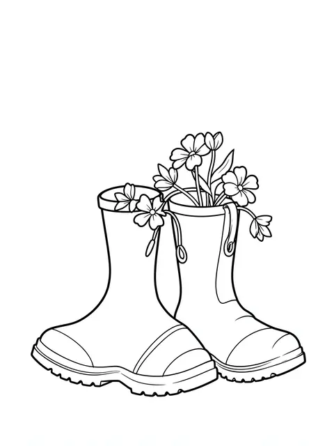 Black and white line drawing of two rain boots holding growing flowers on a plain white background