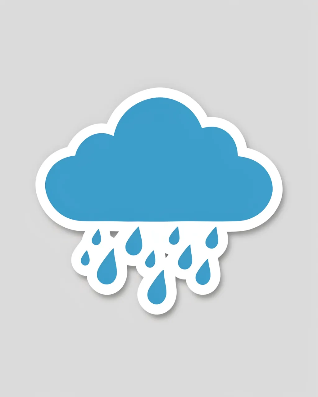 Flat illustrated blue rain cloud sticker with raindrops and thick white border on light gray background