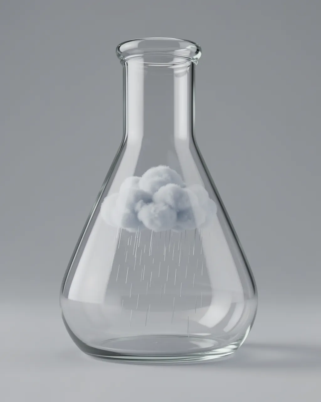 A tiny fluffy rain cloud falling with rain sits inside a clear laboratory erlenmeyer flask