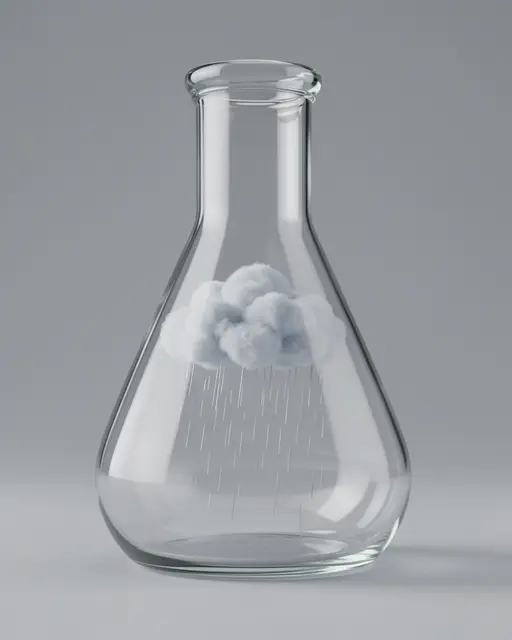 A tiny fluffy rain cloud falling with rain sits inside a clear laboratory erlenmeyer flask