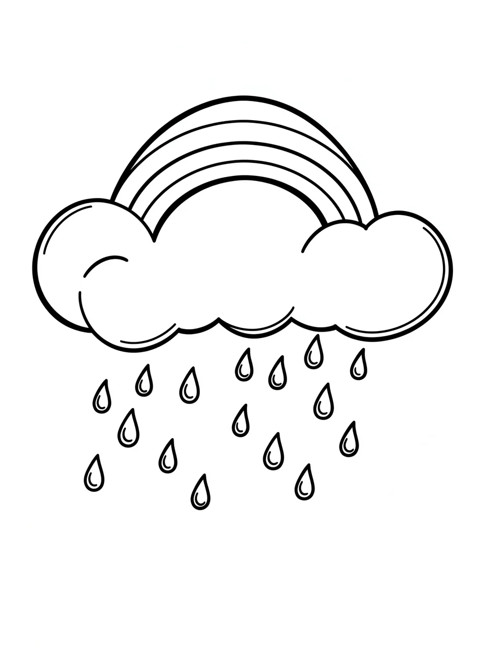 Simple bold black and white line art of a rain cloud with raindrops and a rainbow on a white background