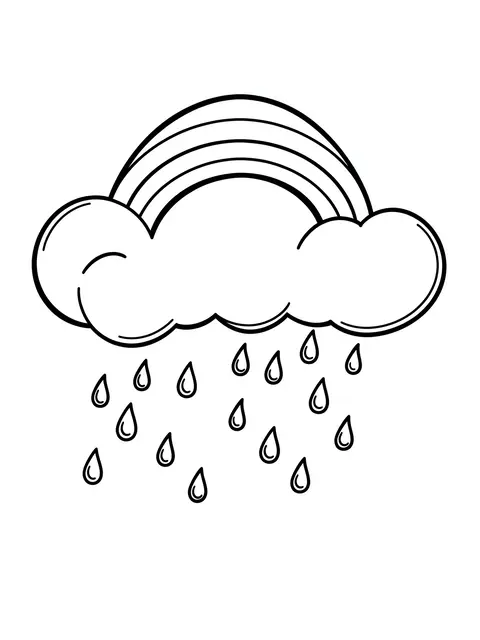 Simple bold black and white line art of a rain cloud with raindrops and a rainbow on a white background