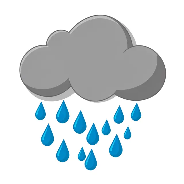 A flat cartoon illustration of a grey rain cloud with falling blue raindrops isolated on a plain white background