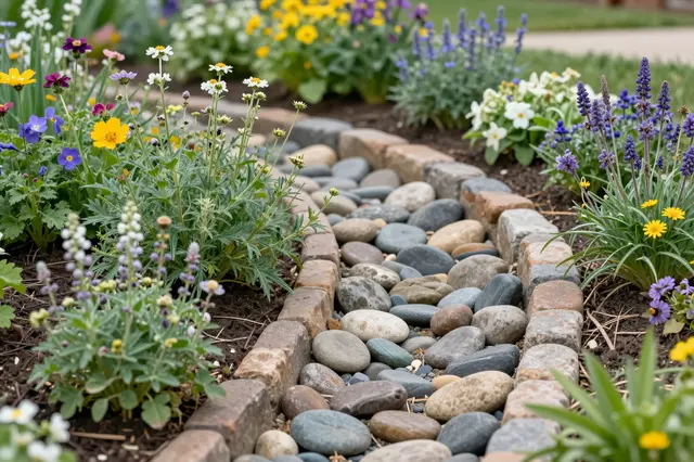 Curved dry creek bed of smooth river stones edged with blooming native flowers in a front yard