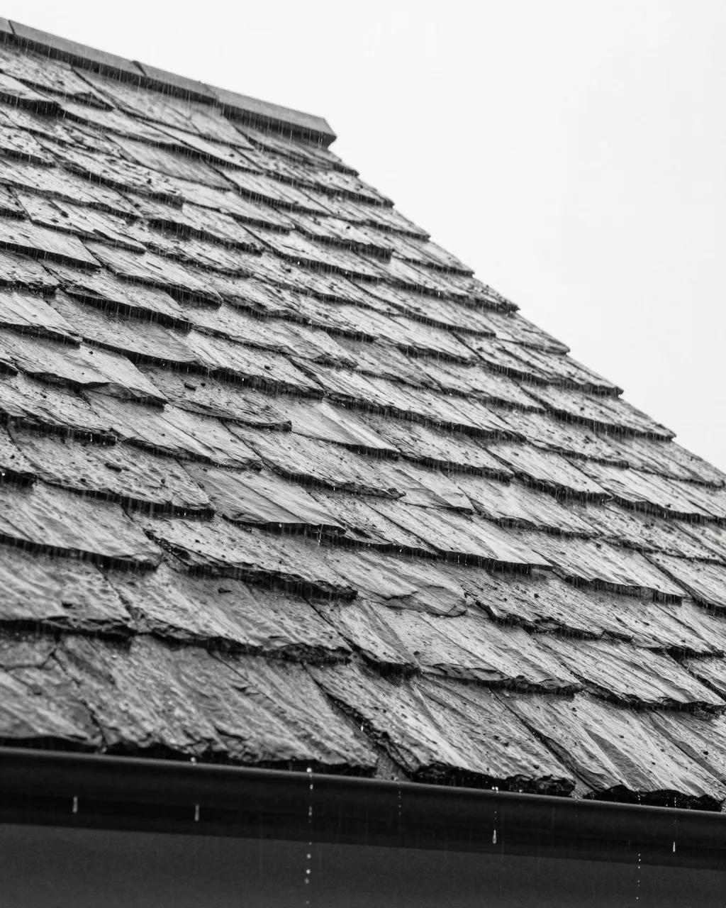 Black and white close-up of rain streaming down a steep slate roof and dripping from the eaves gutter