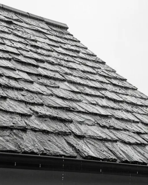 Black and white close-up of rain streaming down a steep slate roof and dripping from the eaves gutter