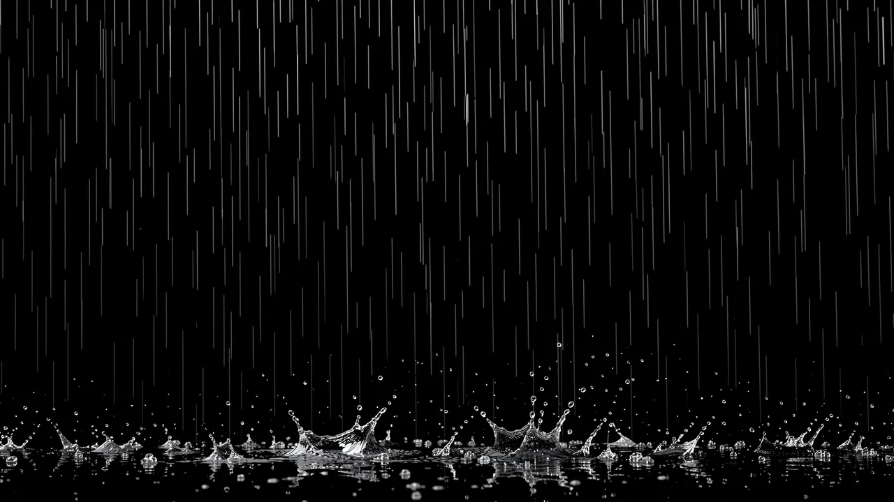 Vertical falling rain streaks and small water splashes against a solid pure black background