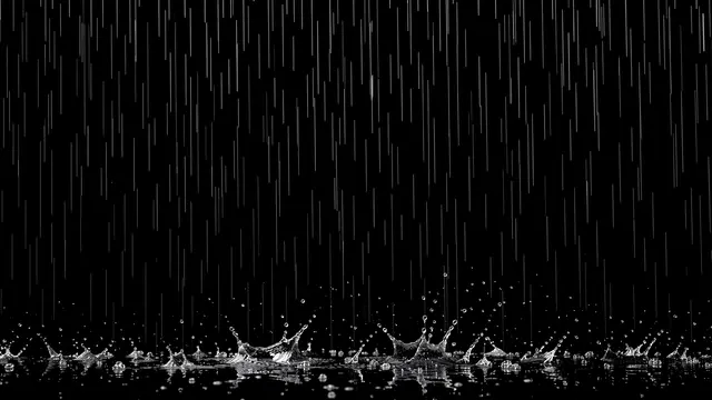 Vertical falling rain streaks and small water splashes against a solid pure black background