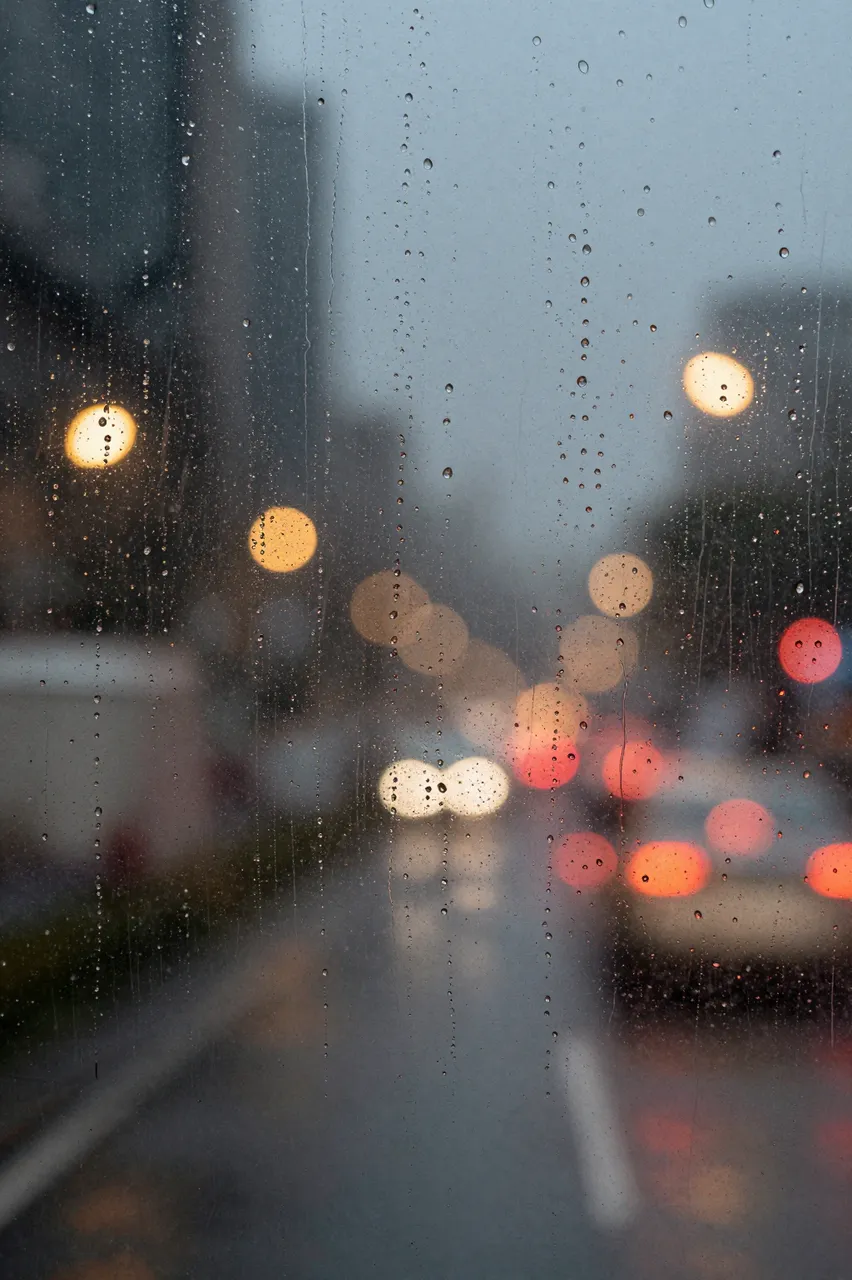 Rain droplets and trickles cover a window overlooking blurred evening city traffic lights in warm bokeh.