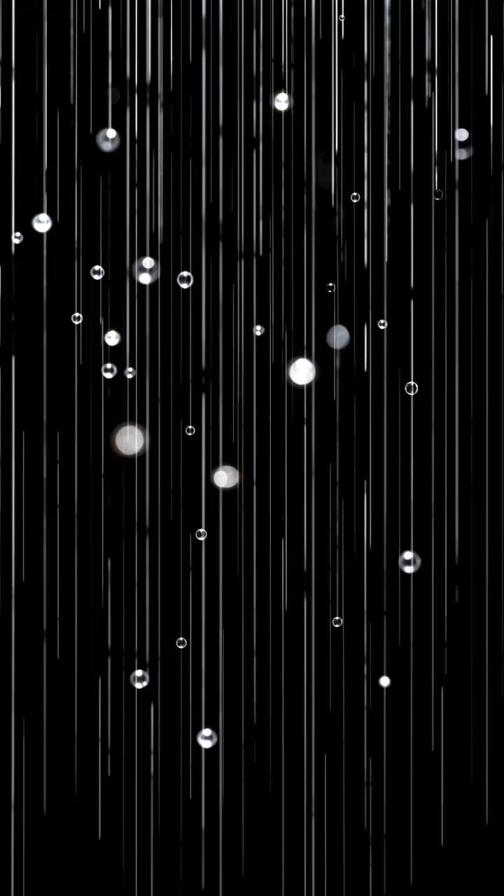 Vertical rain streaks and bright reflective round droplets appear against a solid pure black background