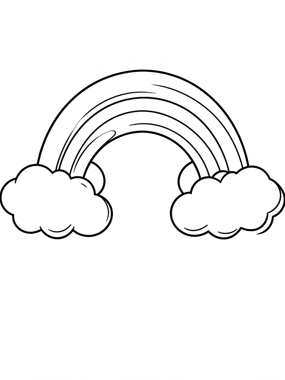 Black and white bold line art of a rainbow arching between two fluffy clouds on a plain white background