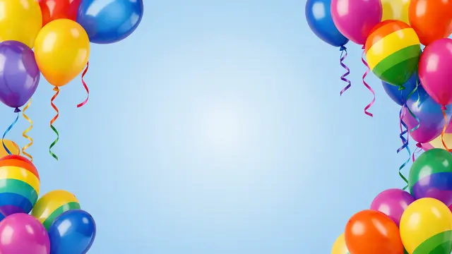 Colorful balloons with curly streamers frame empty soft blue gradient copy space in the center.