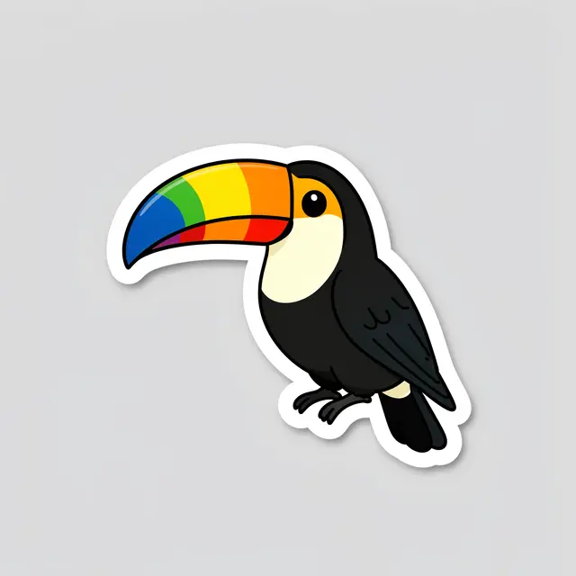 A cute flat illustration toucan sticker with a rainbow segmented beak and thick white border sits on a light gray background