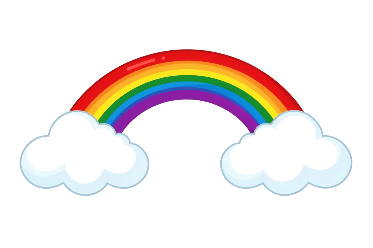 Flat clipart illustration of a striped rainbow arching between two puffy white clouds on a plain white background