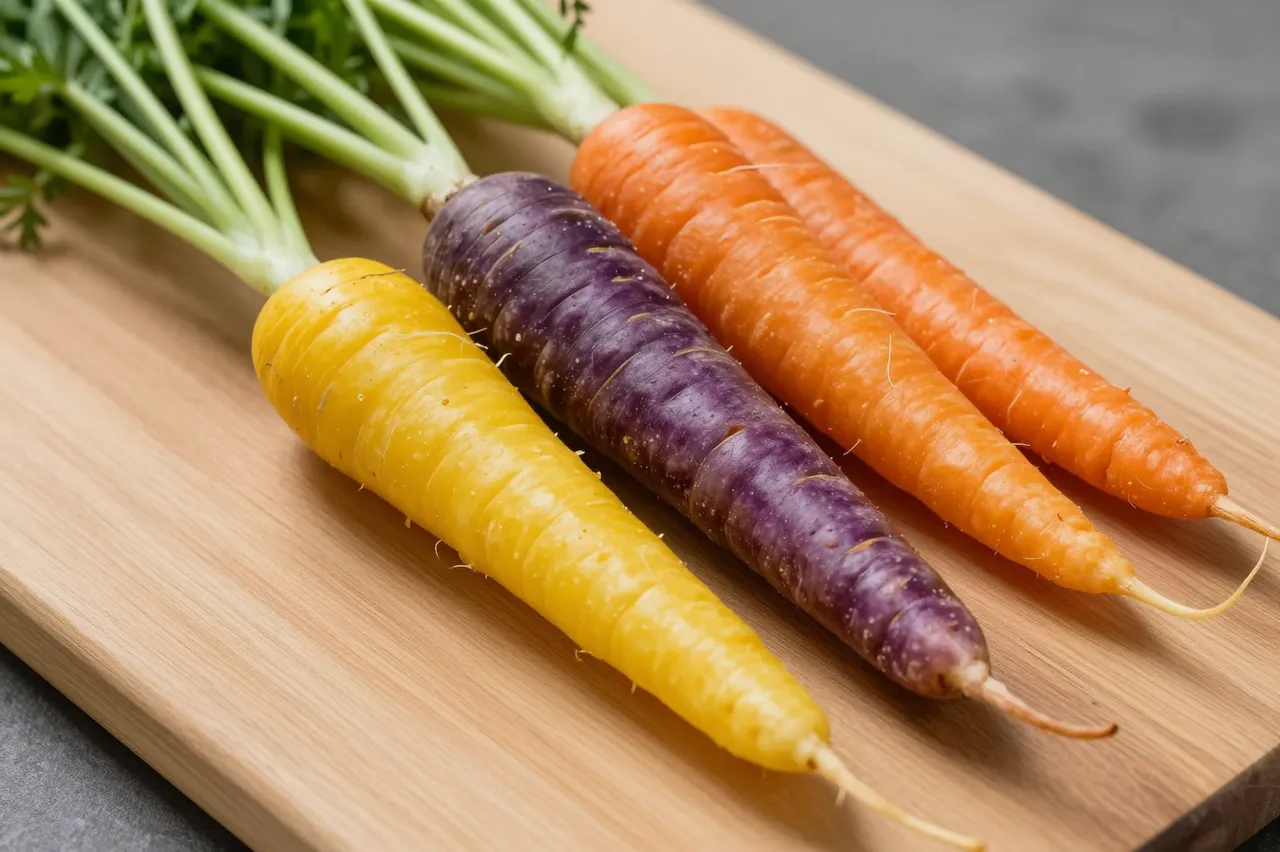 Fresh purple, orange, and yellow rainbow carrots with green tops rest on a light wooden cutting board.