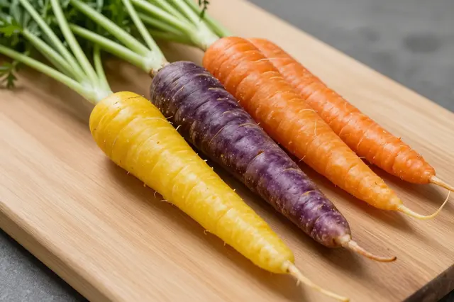 Fresh purple, orange, and yellow rainbow carrots with green tops rest on a light wooden cutting board.