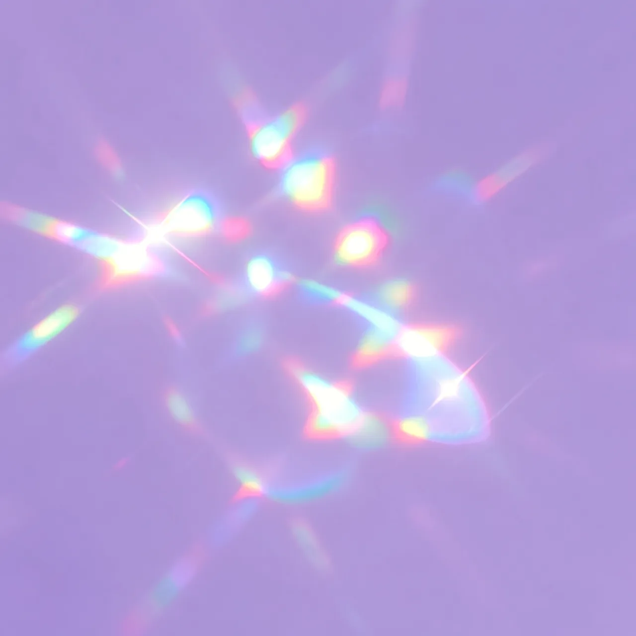 Iridescent rainbow lens flare sparkles scattered across a soft lilac background