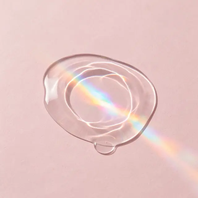 Translucent rippled fluid pool casts iridescent rainbow caustics onto a pale pink background