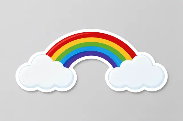Die-cut sticker of a rainbow arching between two fluffy clouds on a plain light gray background