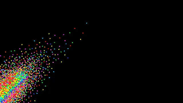 Bright multicolored square confetti bursts diagonally from the lower left against a solid pure black background