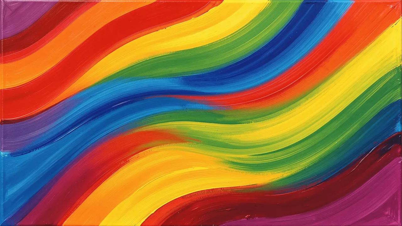 Layered wide sweeping brushstroke curves in a full rainbow color palette on an abstract acrylic canvas