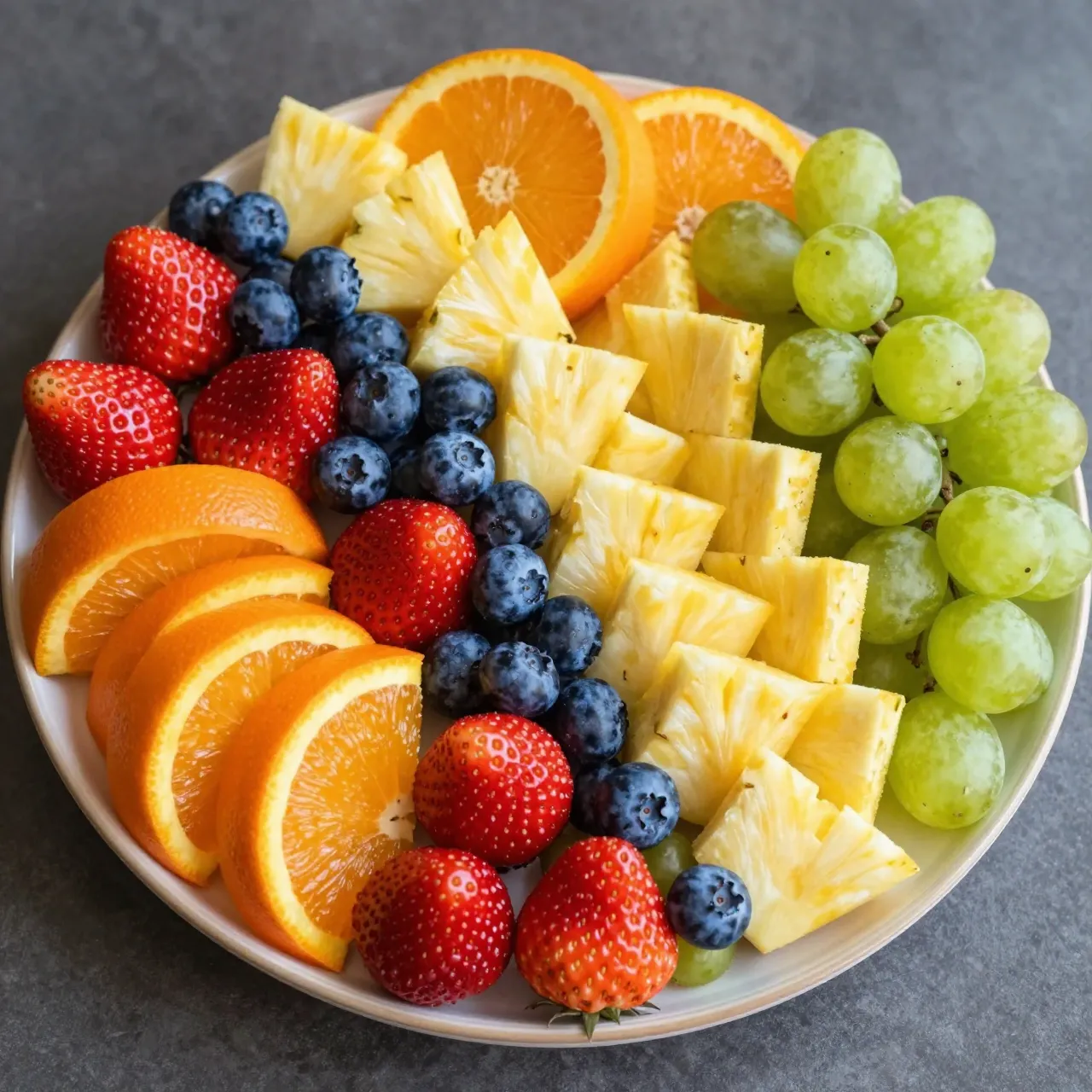 Top view of a round plate holding neatly arranged rainbow-hued fresh cut fruit on a gray countertop