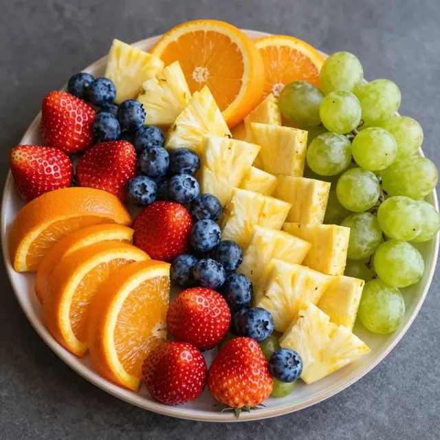 Top view of a round plate holding neatly arranged rainbow-hued fresh cut fruit on a gray countertop
