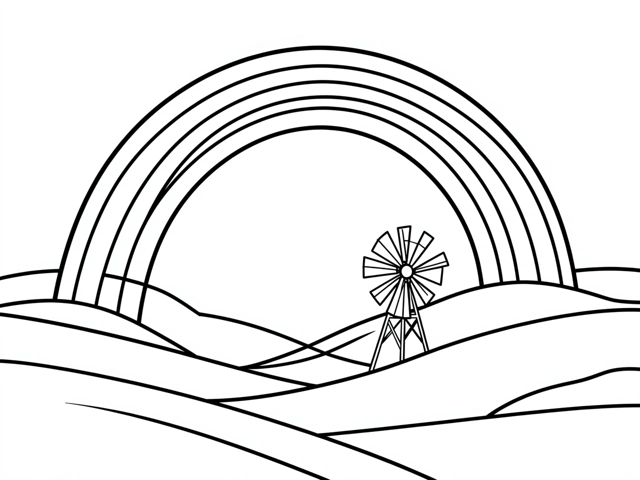 Clean black and white line art of a layered rainbow over rolling hills with a lone windmill