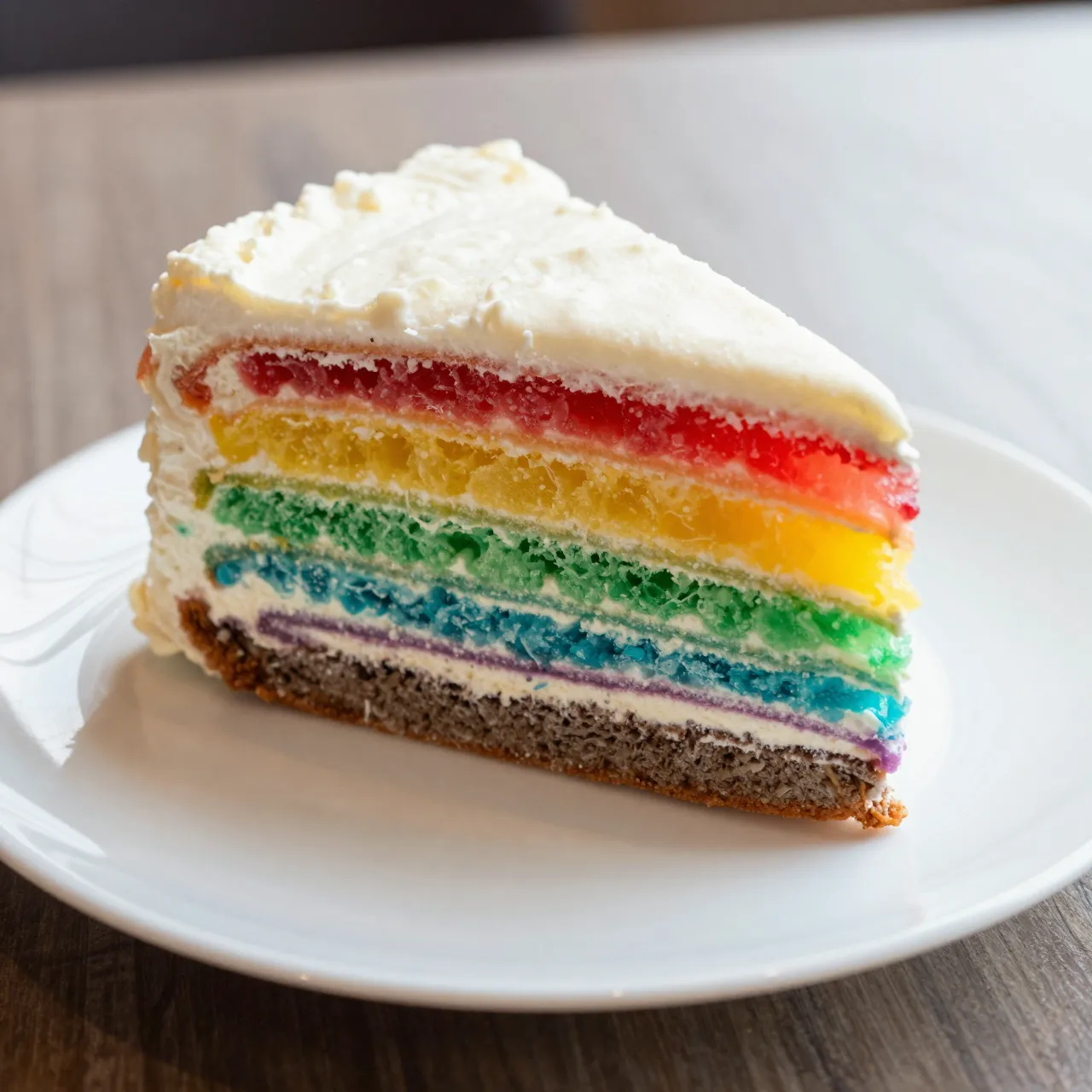 A slice of rainbow layer cake with white frosting rests on a white ceramic plate atop a wooden table.