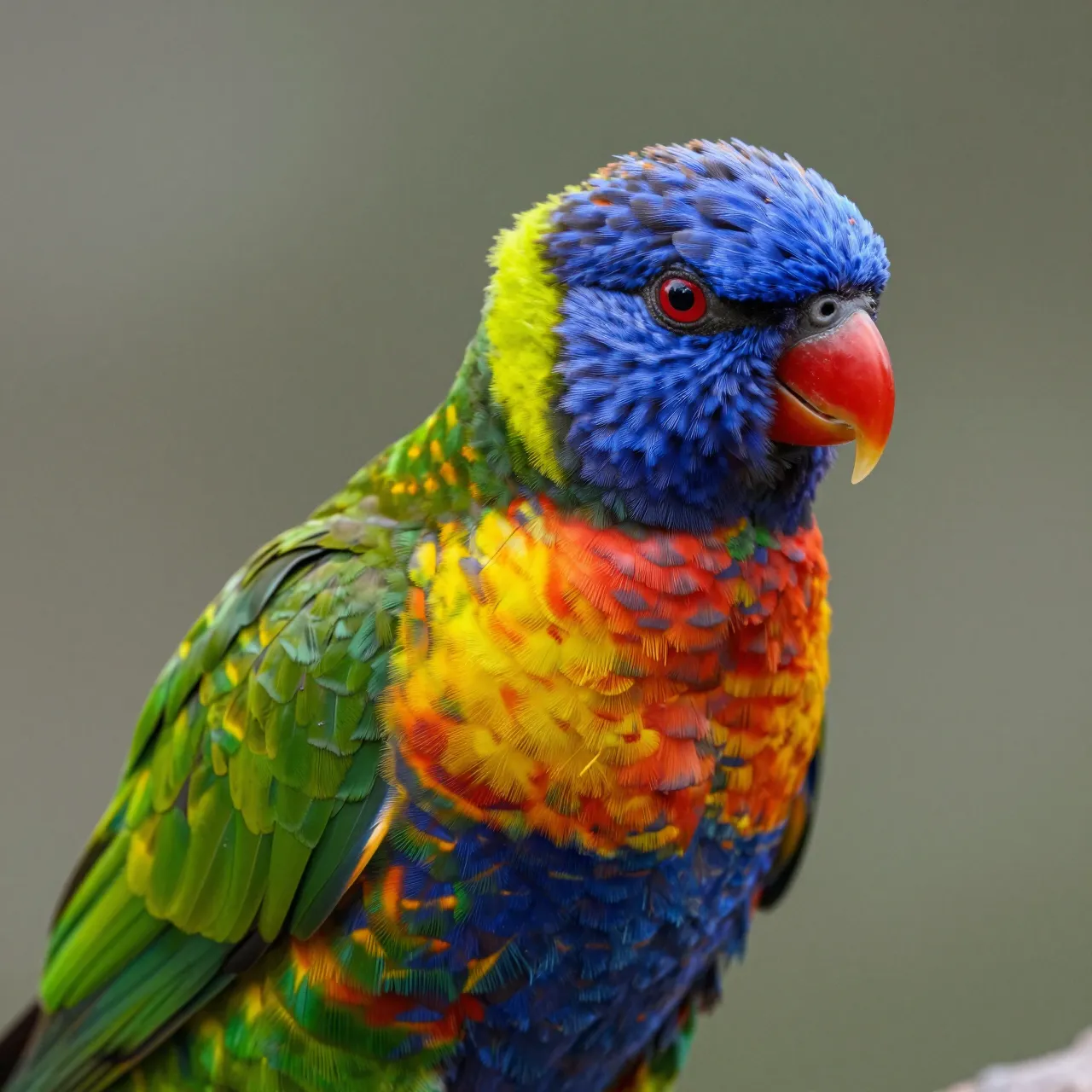 Close-up portrait of a vibrant rainbow lorikeet perched against a soft blurred neutral background