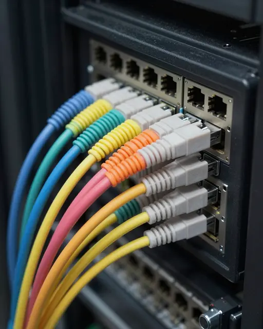 Close-up view of rainbow-colored Ethernet patch cords plugged into a black data panel in a server rack