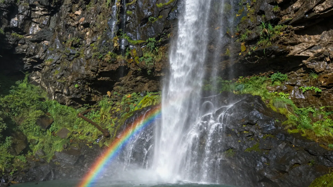 A bright rainbow arcs across mist at the base of a waterfall cascading over mossy green canyon rock