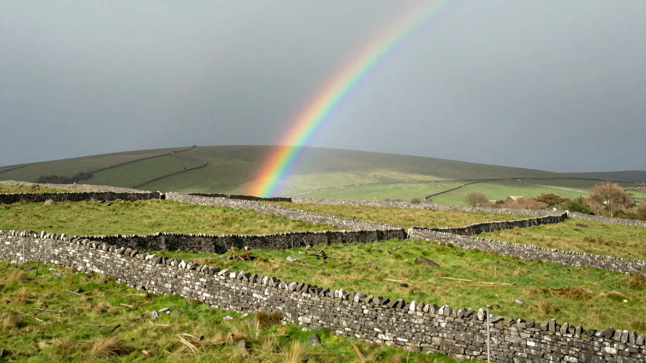 A bright rainbow arcs over rolling emerald hills crisscrossed by traditional dry stone walls under a cloudy overcast sky