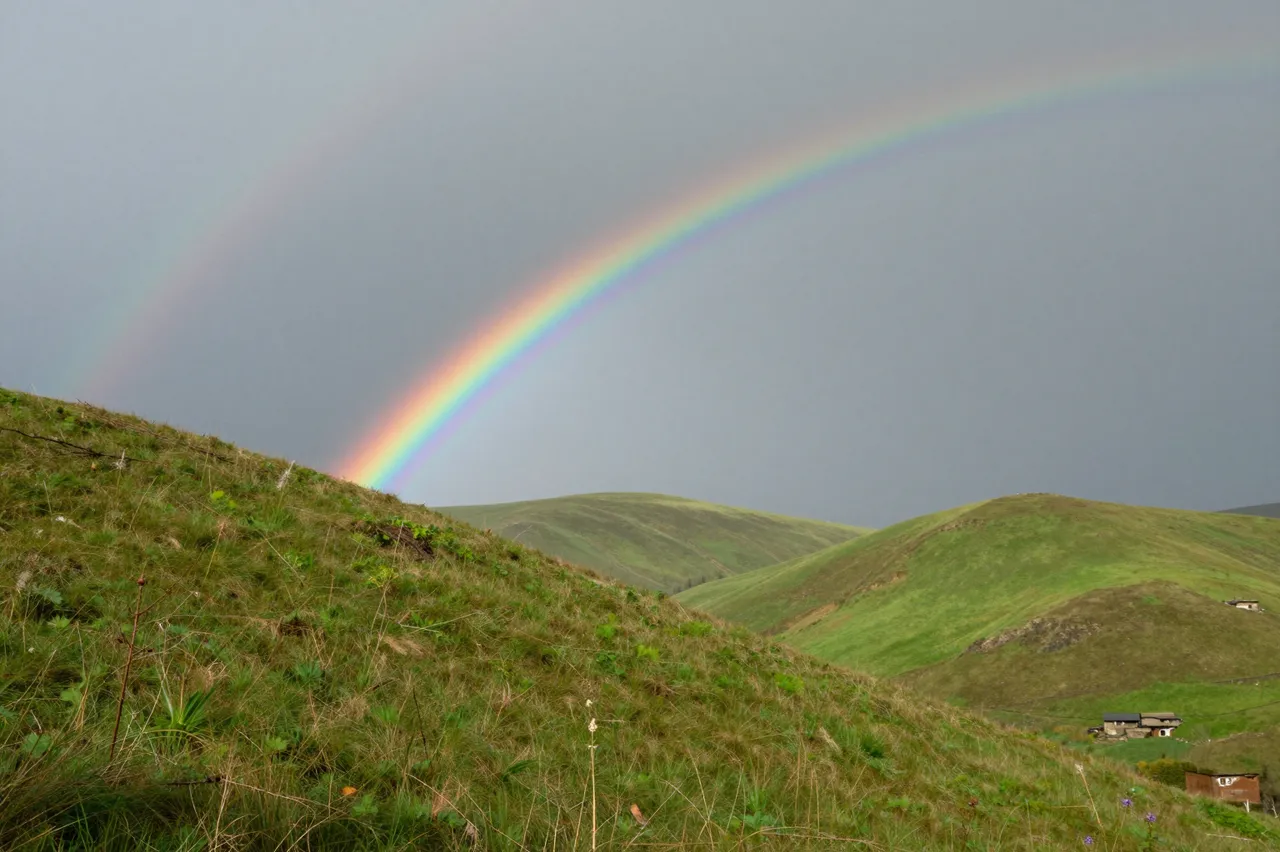 A bright primary rainbow with a faint secondary arc arches above rolling green grassy hills under an overcast post-storm sky.