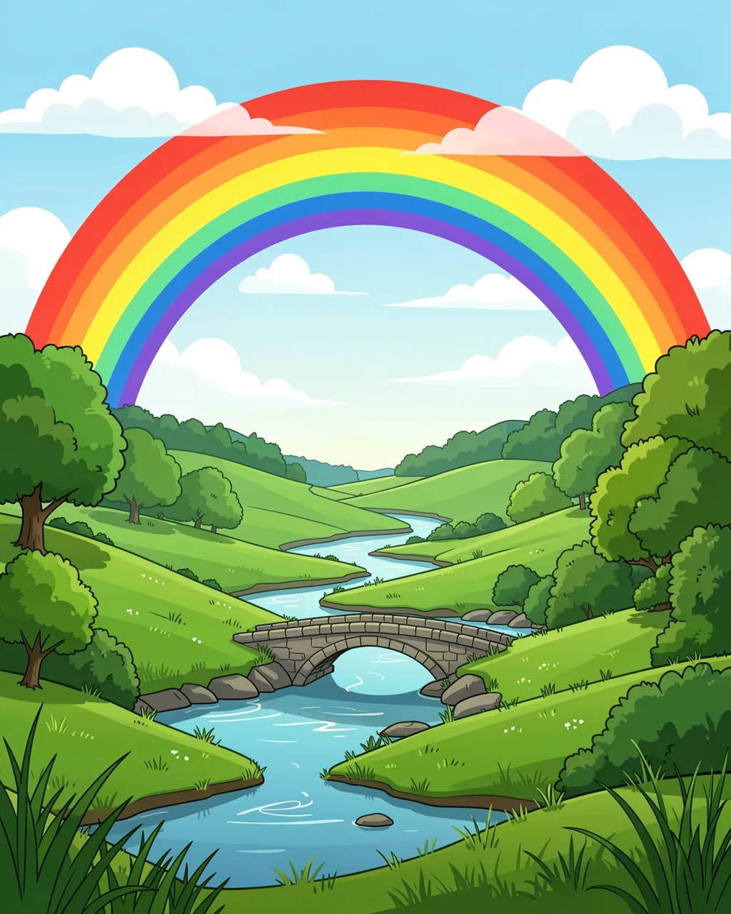 A bright arched rainbow spans a rolling green valley with a winding river and stone arch bridge under a blue sky.