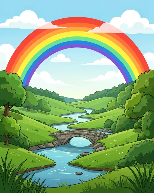 A bright arched rainbow spans a rolling green valley with a winding river and stone arch bridge under a blue sky.