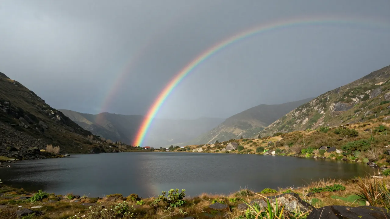 A full primary rainbow and faint secondary arc stretch over a calm mountain lake between rocky slopes after a storm