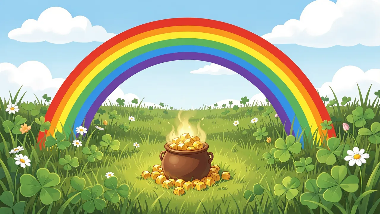 A bright rainbow arcs over a brown pot of gold nuggets set in a clover and wildflower meadow under a blue sky