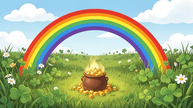 A bright rainbow arcs over a brown pot of gold nuggets set in a clover and wildflower meadow under a blue sky