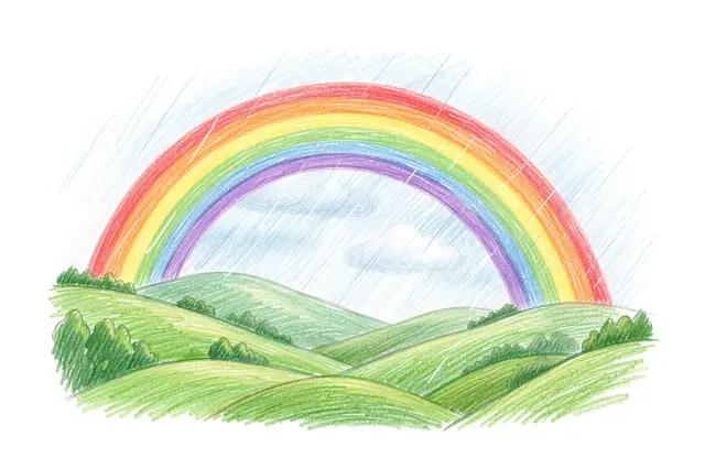 Colored pencil drawing of a bright rainbow arching over grassy green hills during light rain