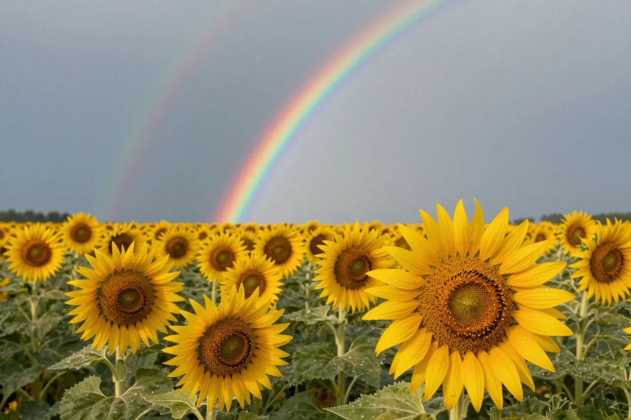 A double rainbow arches above a glistening sunflower field after a summer storm under a muted overcast sky