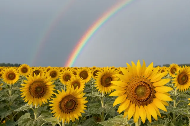 A double rainbow arches above a glistening sunflower field after a summer storm under a muted overcast sky