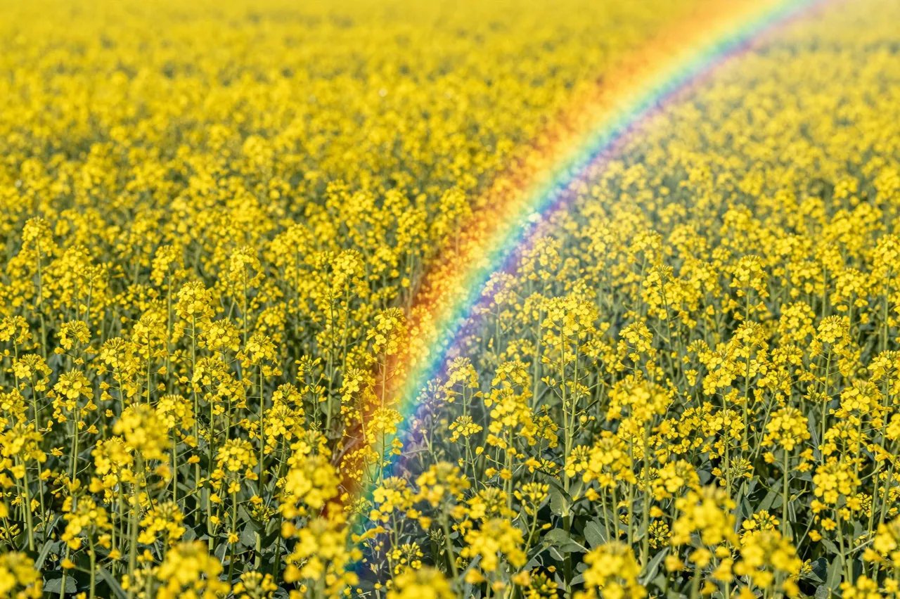 A soft curved rainbow arcs across a dense, bright yellow flowering canola field in bright daylight