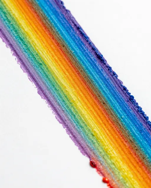 Close-up diagonal macro of a textured rainbow paint streak dragged across a plain white surface