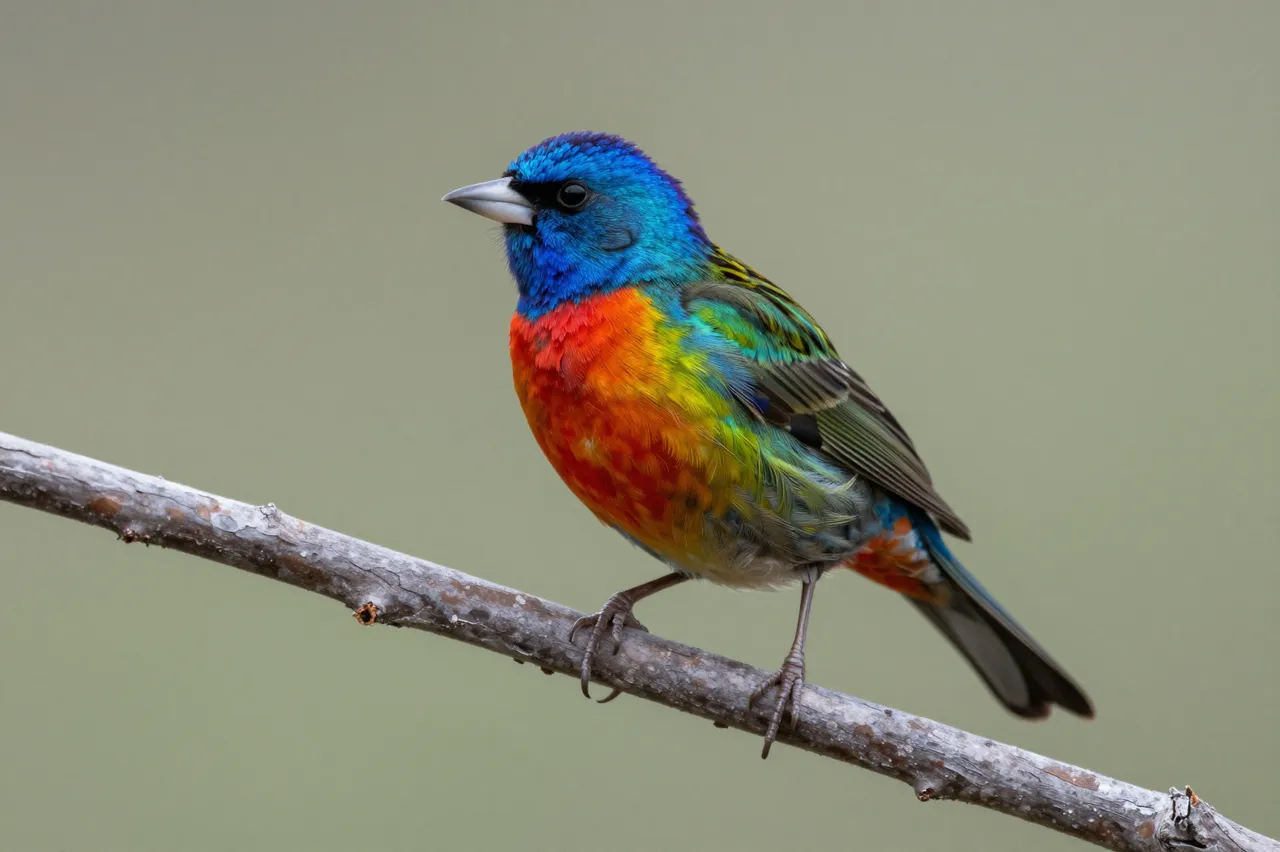 A vivid multicolored painted bunting perches on a thin textured wood branch against a soft blurred background.