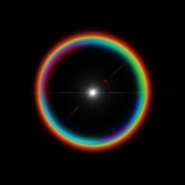 A small bright white center light is encircled by a smooth rainbow lens flare ring against solid black