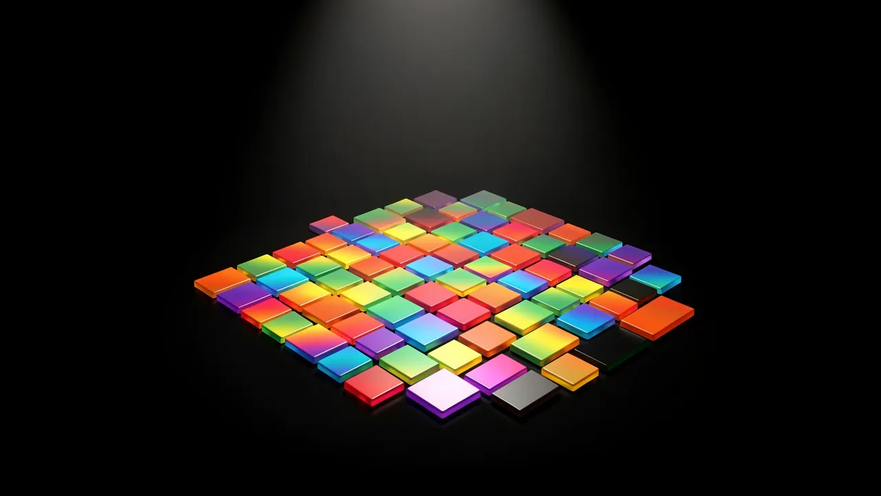 A 3D rendered grid of glossy rainbow-colored microchips sits under a single spotlight against a black background