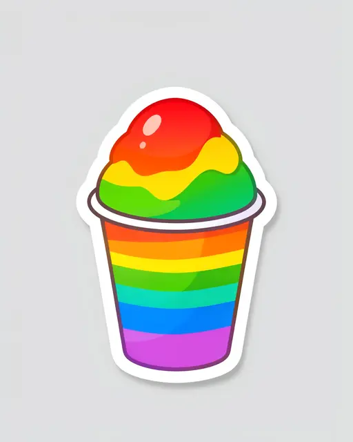 Die-cut sticker illustration of a cup of rainbow layered shaved ice on a light gray background