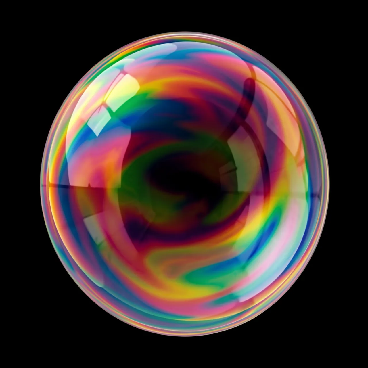 A large translucent soap bubble with swirling rainbow iridescence sits against a solid pure black background.