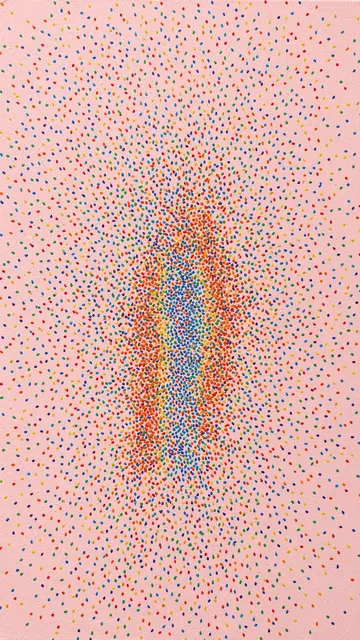 Dense tiny multicolor hand-painted flecks scattered across a soft pale pink base